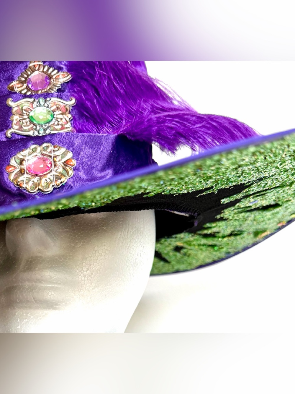 Purple Witch Hat satin ostrich feathers Green sparkle Trim brim one size adult - Picture 5 of 12